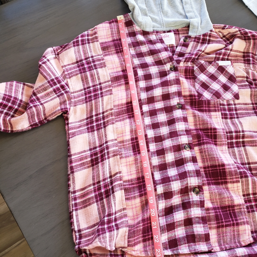 Justice Pink Plaid Hooded Button-Up Shirt - Picture 6 of 12